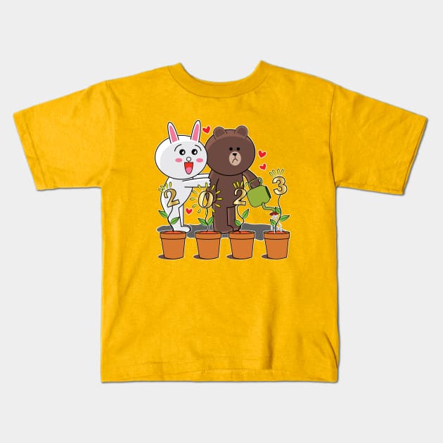 Brown Bear Cony Bunny Rabbit New Year 2023 Kids T-Shirt by ArticArtac